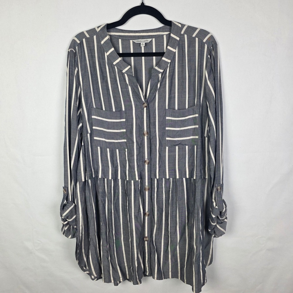 John Mark Blue White Striped Button Front Tunic Top Roll Tab Sleeve J12234BM L